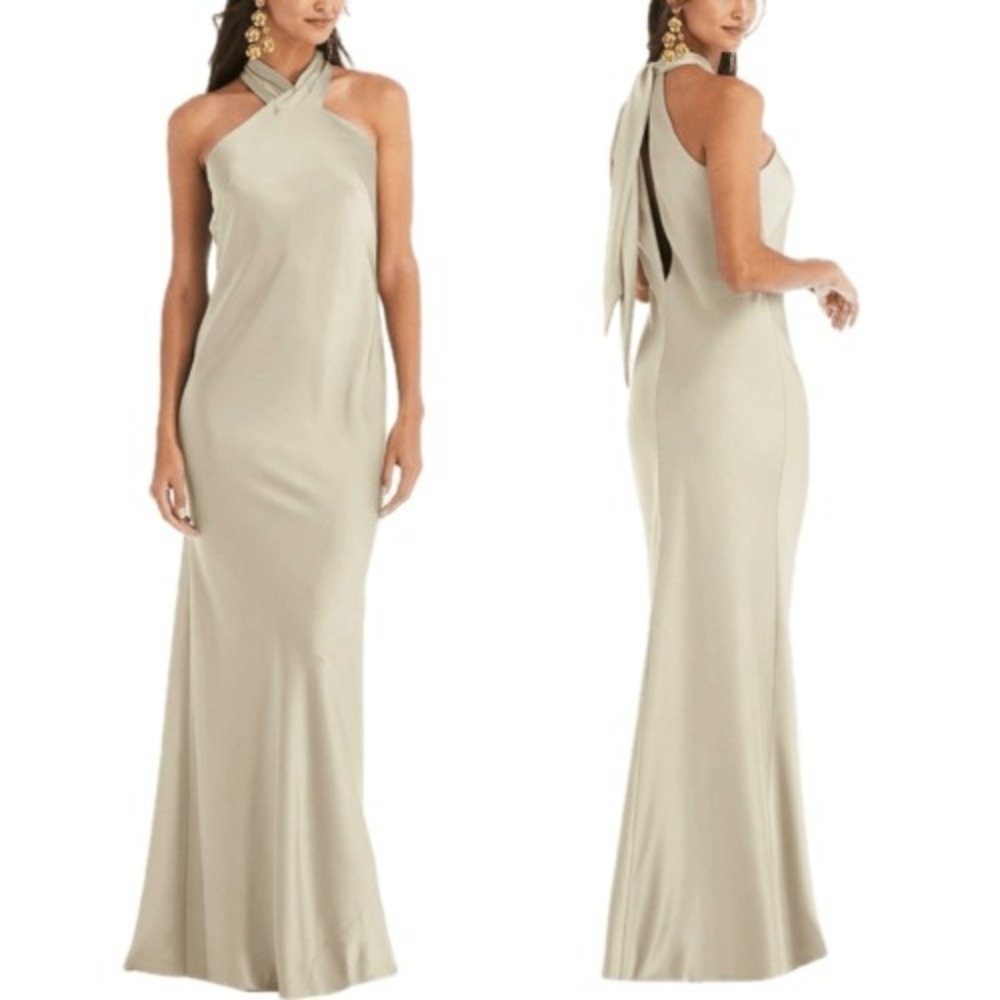 LOVELY Imogen LB025 Draped Twist Halter Tie-Back Trumpet Gown in Toasted Sugar